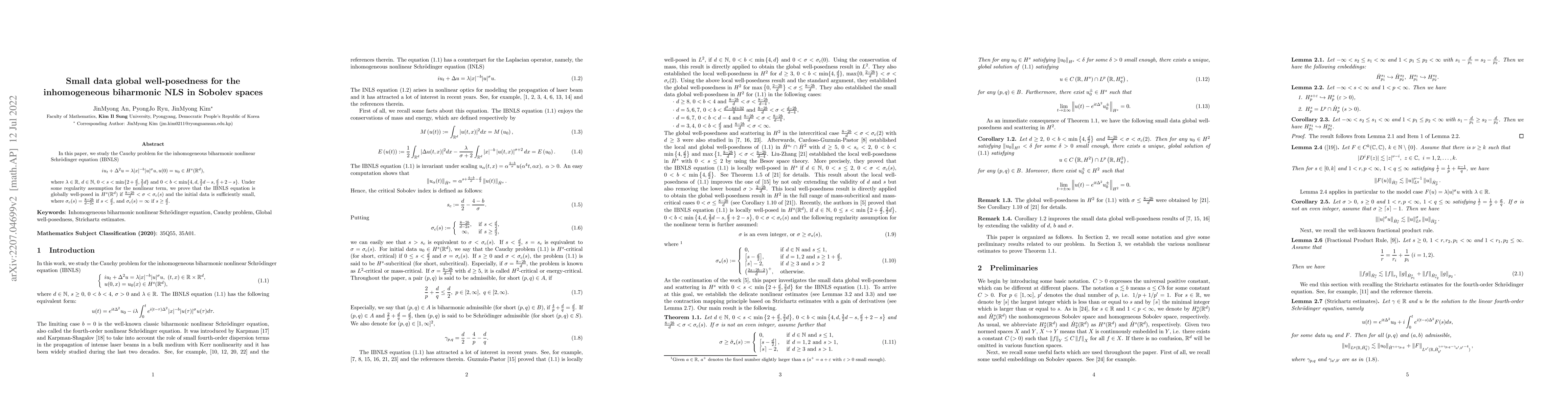 Thumbnail for Small data global well-posedness for the inhomogeneous biharmonic NLS in
  Sobolev spaces