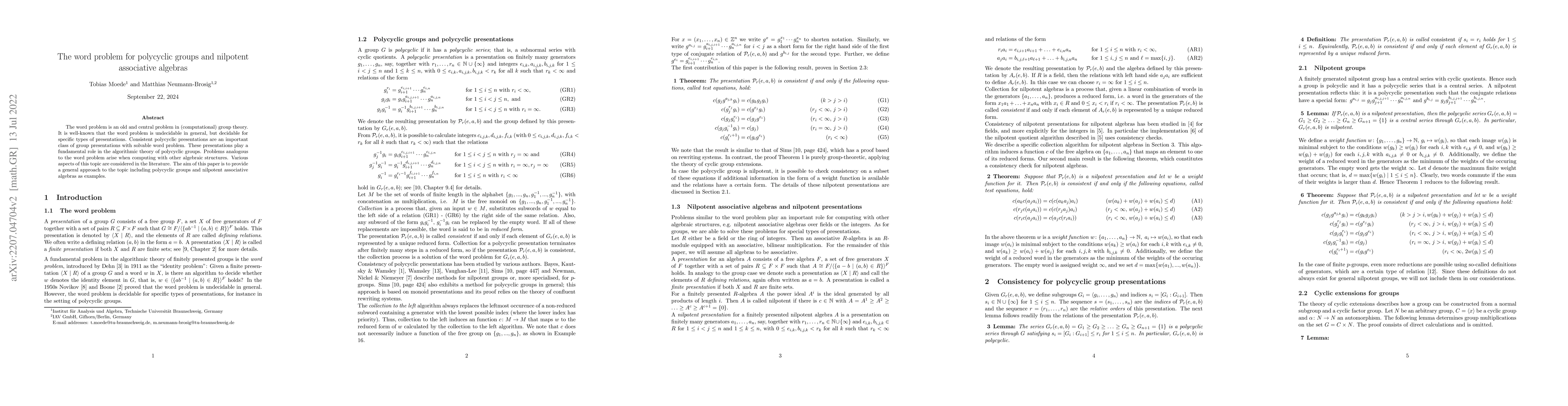 Thumbnail for The word problem for polycyclic groups and nilpotent associative
  algebras