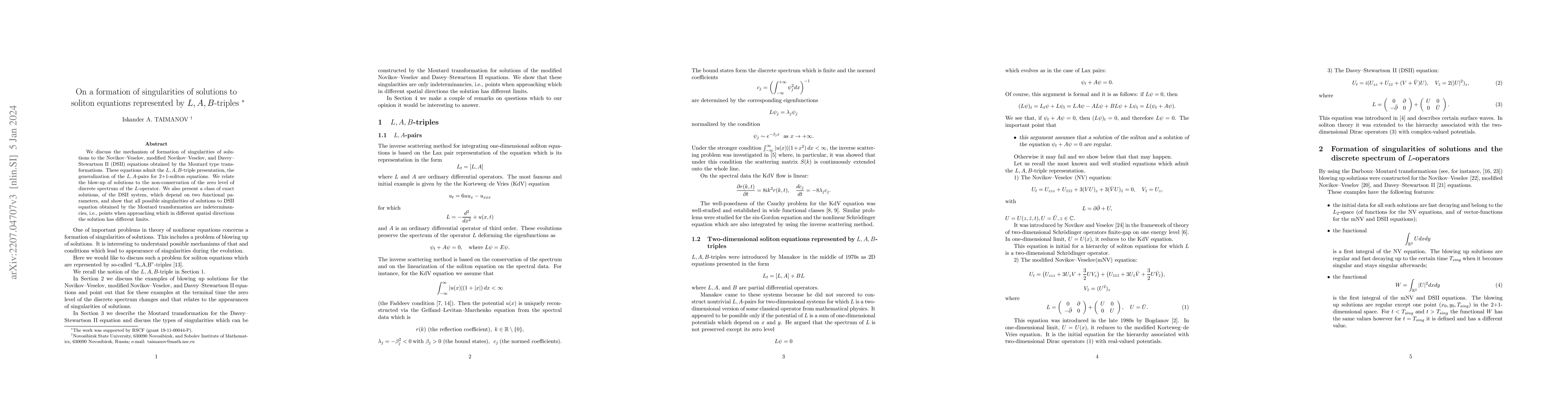 Thumbnail for On a formation of singularities of solutions to soliton equations
  represented by L,A,B-triples