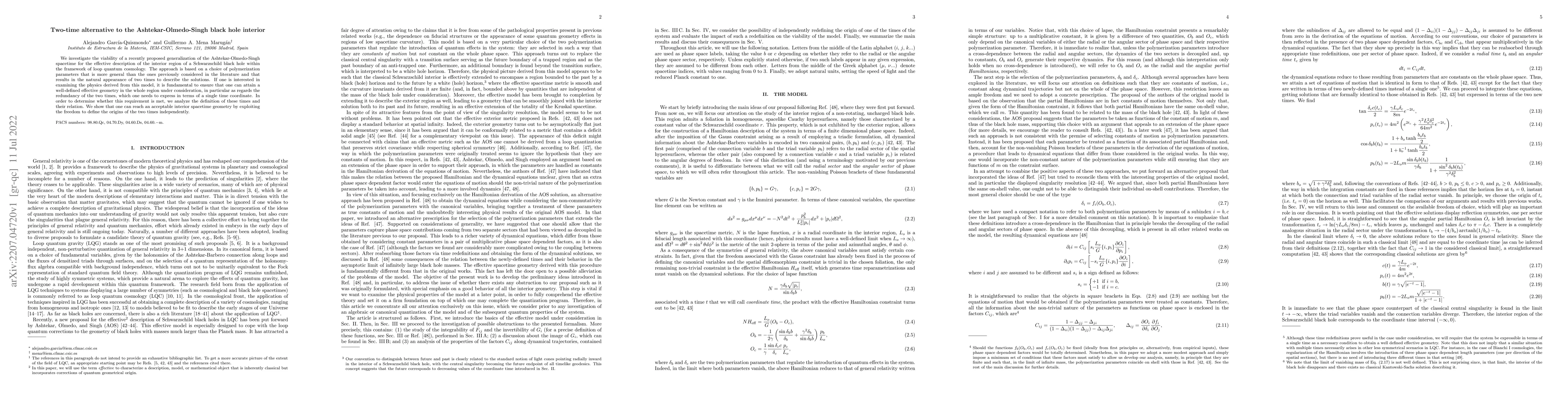 Thumbnail for Two-time alternative to the Ashtekar-Olmedo-Singh black hole interior
