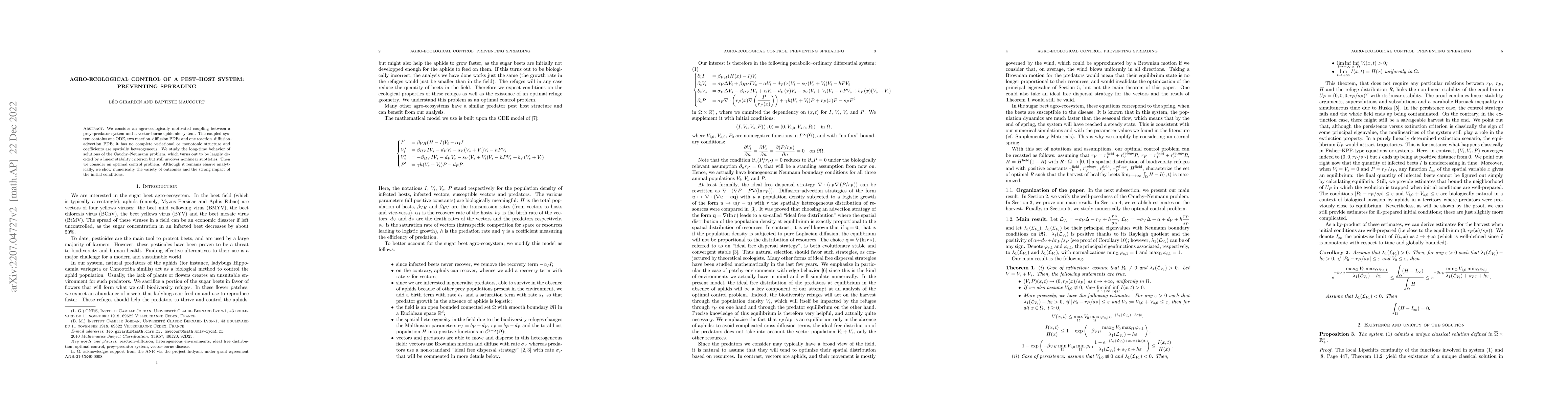 Thumbnail for Agro-ecological control of a pest-host system: preventing spreading