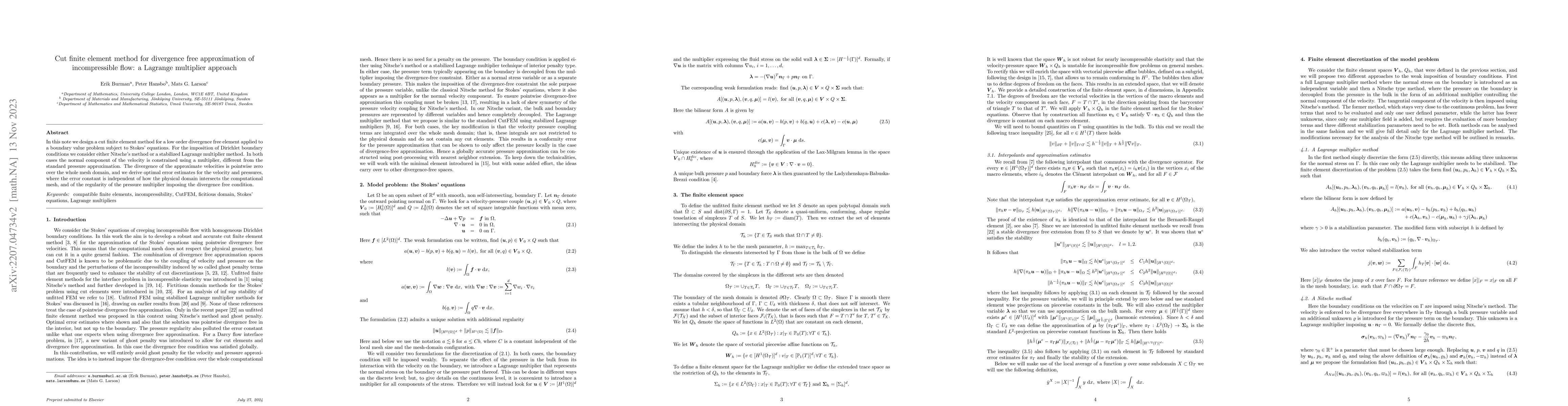 Thumbnail for Cut finite element method for divergence free approximation of
  incompressible flow: a Lagrange multiplier approach