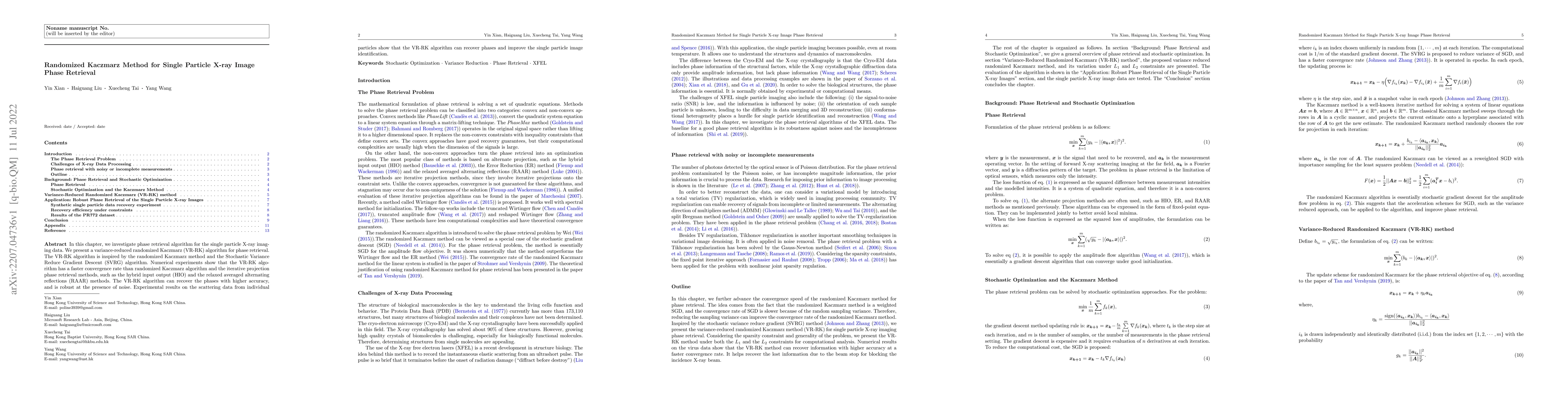 Thumbnail for Randomized Kaczmarz Method for Single Particle X-ray Image Phase
  Retrieval