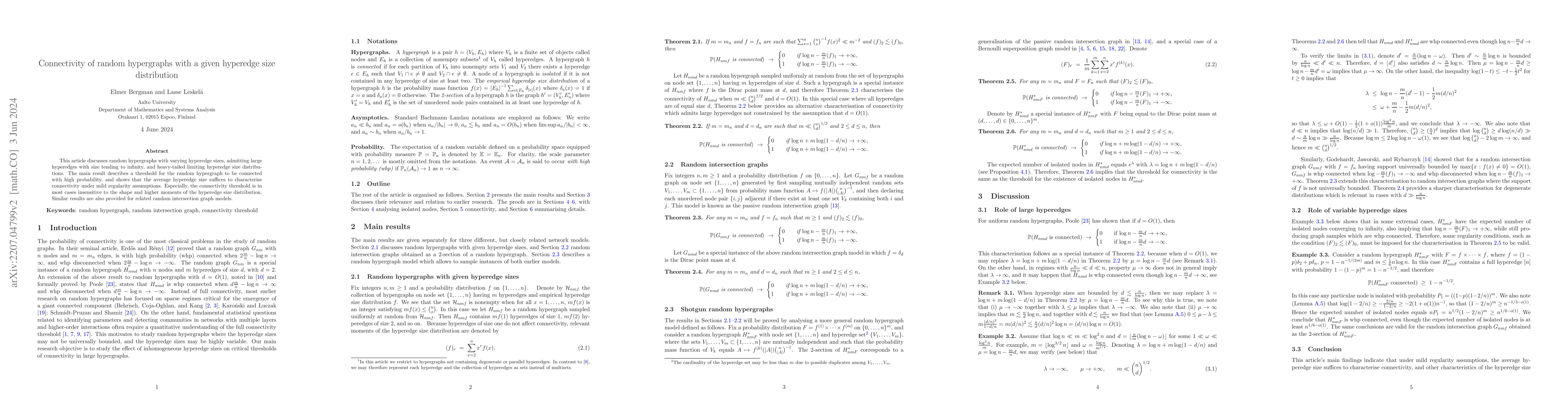 Thumbnail for Connectivity of random hypergraphs with a given hyperedge size
  distribution