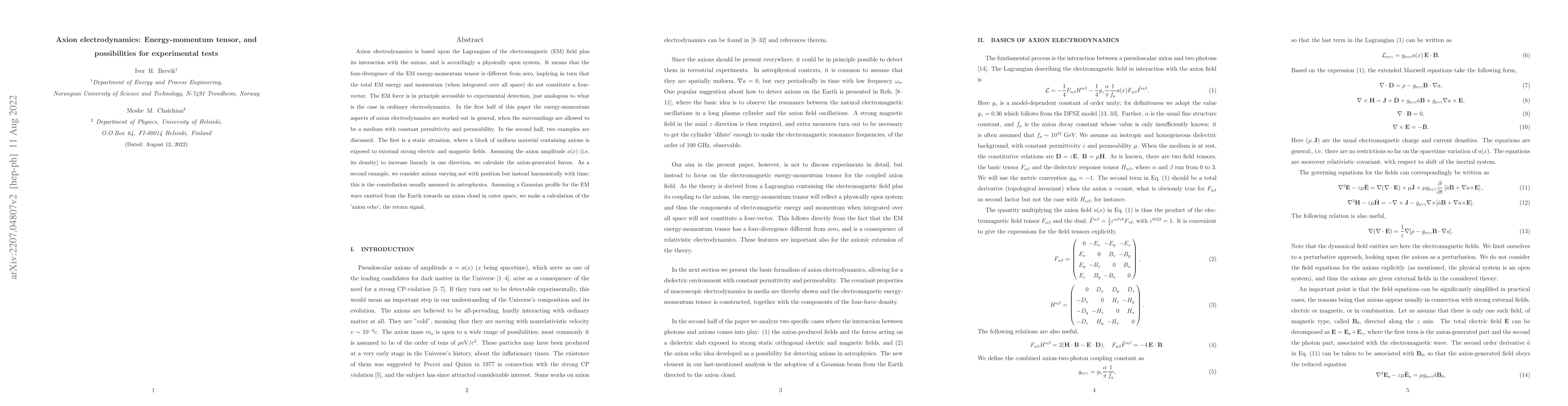 Thumbnail for Axion electrodynamics: Energy-momentum tensor, and possibilities for
  experimental tests