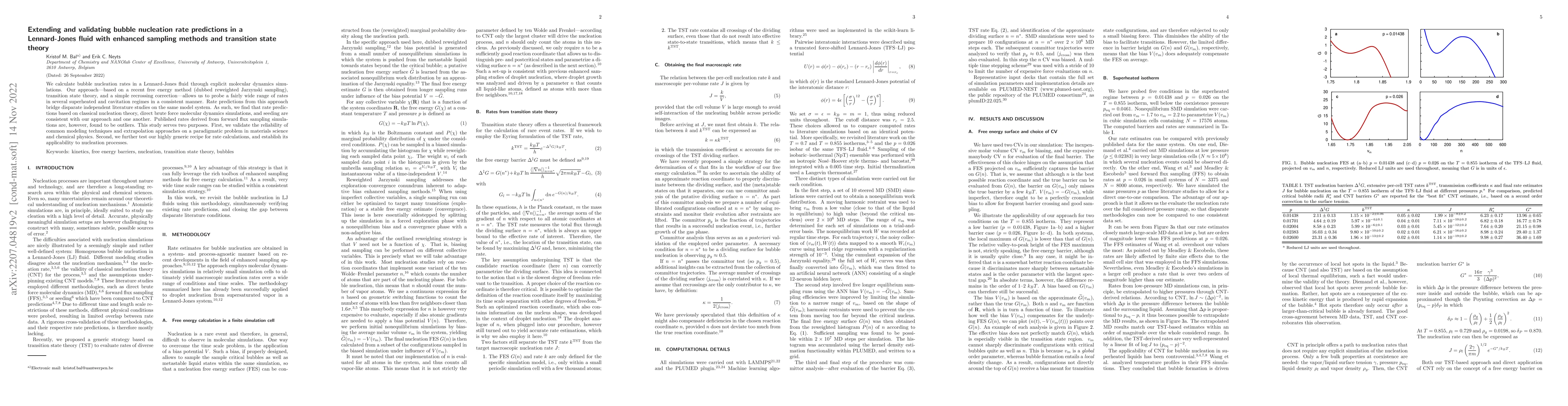 Thumbnail for Extending and validating bubble nucleation rate predictions in a
  Lennard-Jones fluid with enhanced sampling methods and transition state
  theory