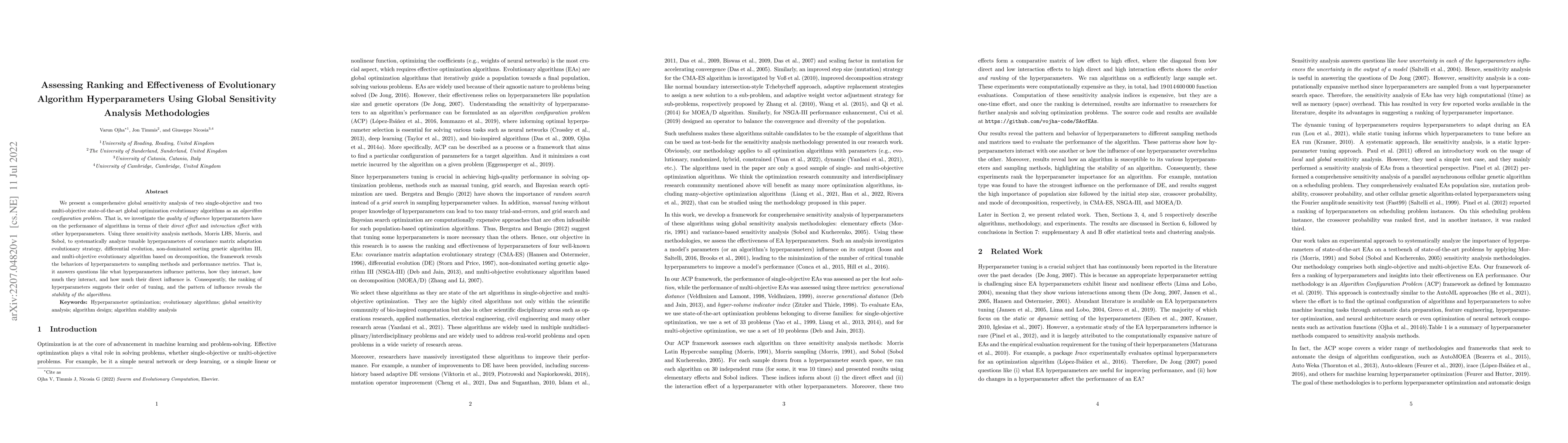 Thumbnail for Assessing Ranking and Effectiveness of Evolutionary Algorithm
  Hyperparameters Using Global Sensitivity Analysis Methodologies