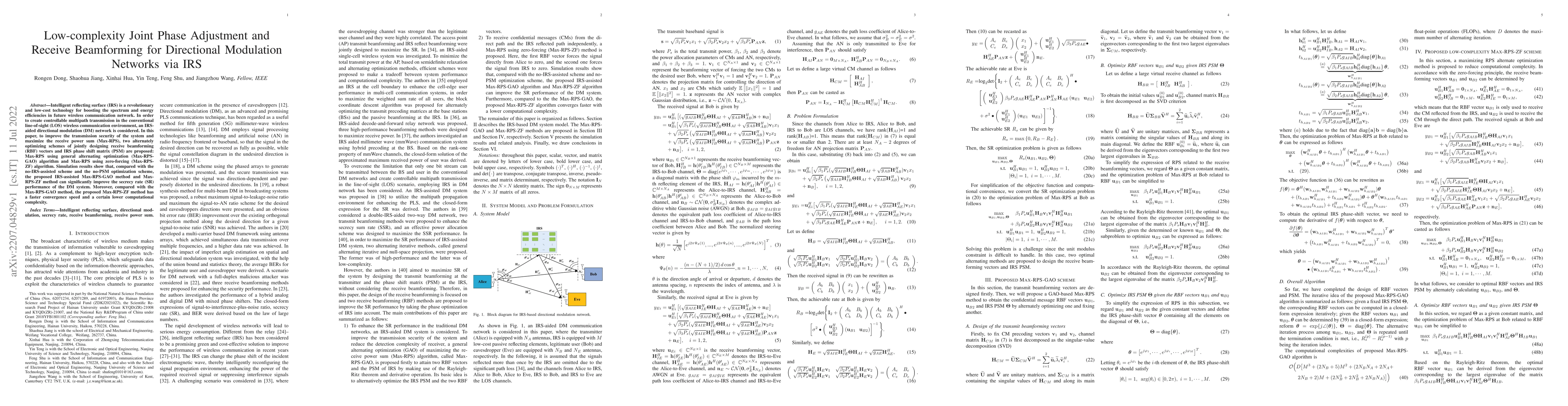 Thumbnail for Low-complexity Joint Phase Adjustment and Receive Beamforming for
  Directional Modulation Networks via IRS