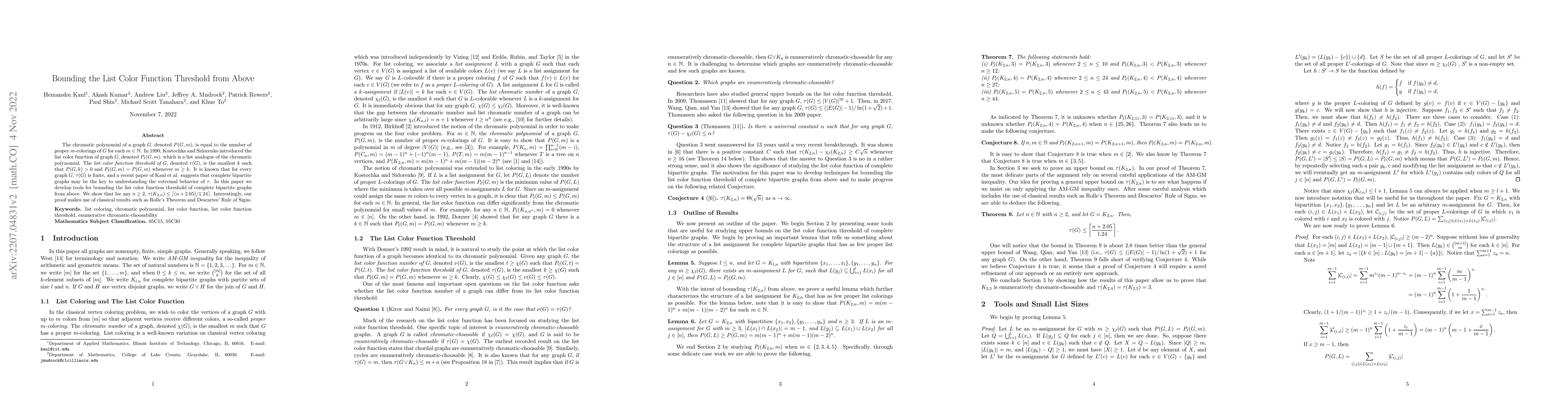 Thumbnail for Bounding the List Color Function Threshold from Above