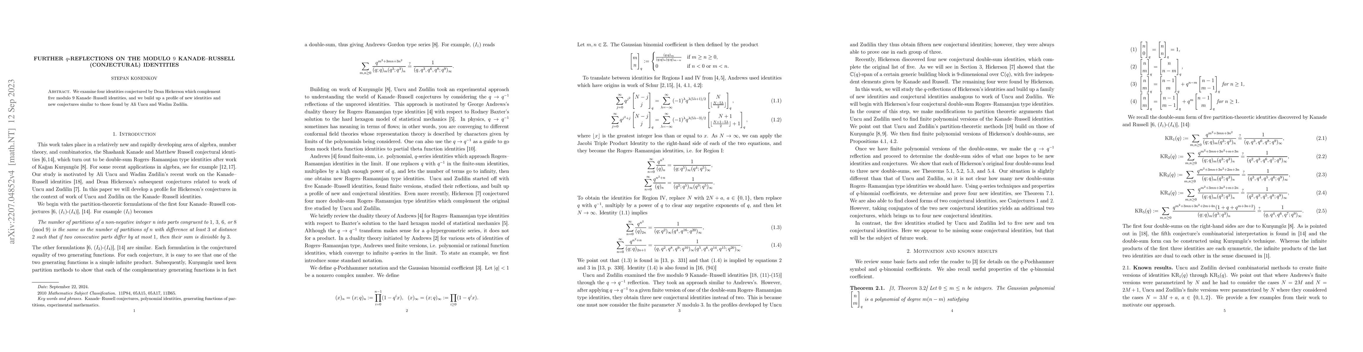 Thumbnail for Further q-reflections on the modulo 9 Kanade-Russell (conjectural)
  identities