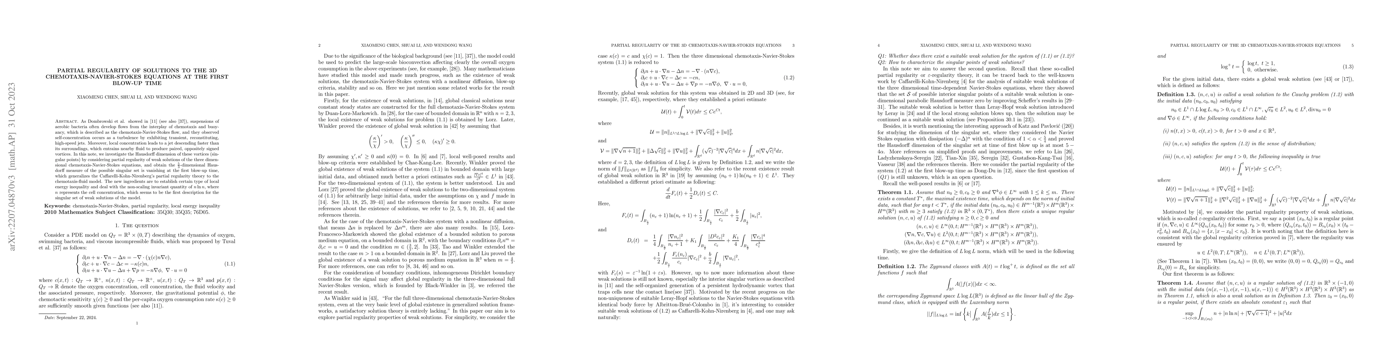 Thumbnail for Partial regularity of solutions to the 3D chemotaxis-Navier-Stokes
  equations at the first blow-up time