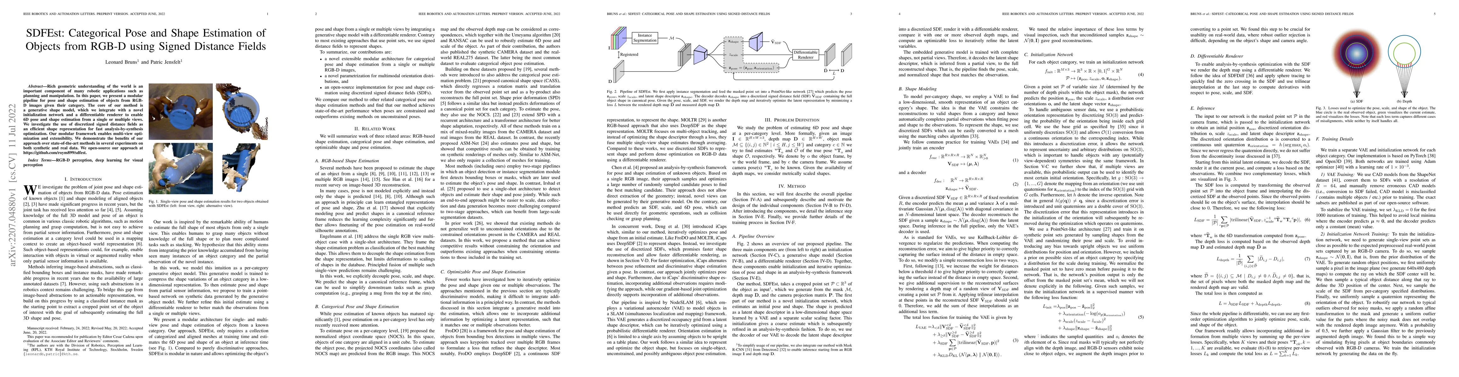 Thumbnail for SDFEst: Categorical Pose and Shape Estimation of Objects from RGB-D
  using Signed Distance Fields