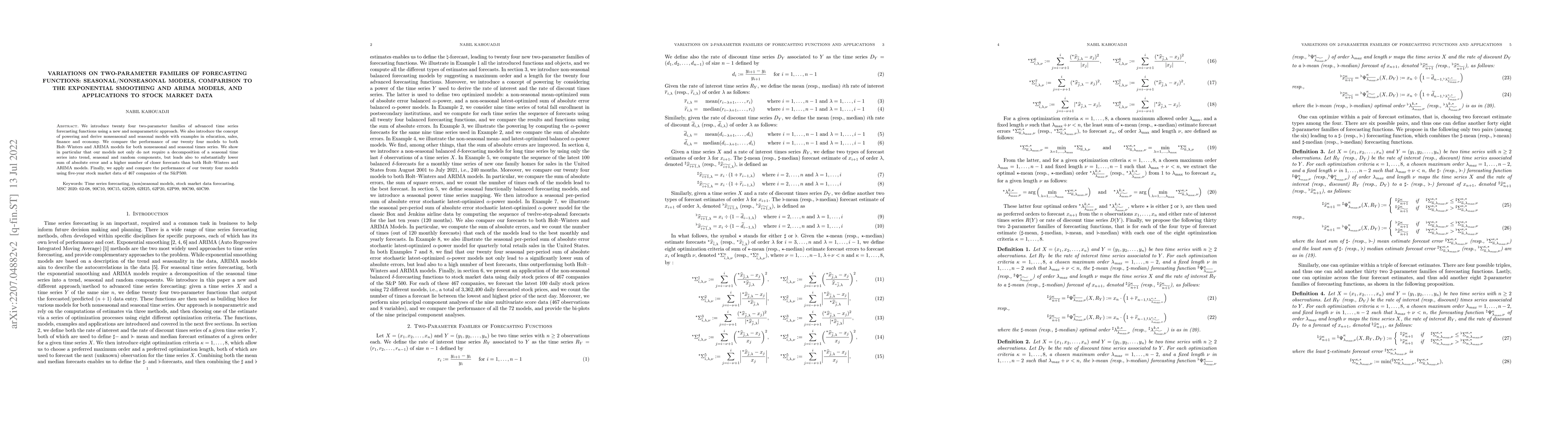 Thumbnail for Variations on two-parameter families of forecasting functions:
  seasonal/nonseasonal Models, comparison to the exponential smoothing and
  ARIMA models, and applications to stock market data