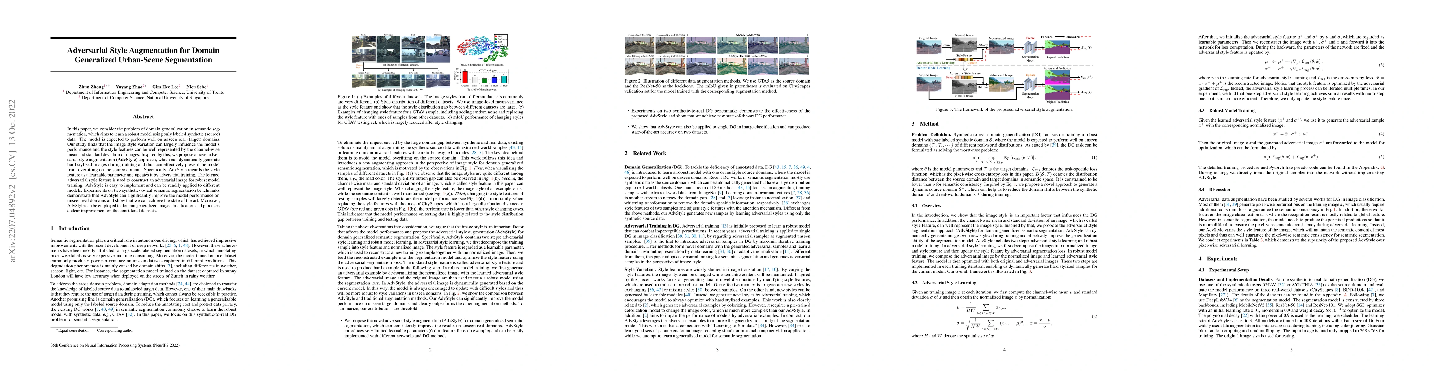 Thumbnail for Adversarial Style Augmentation for Domain Generalized Urban-Scene
  Segmentation