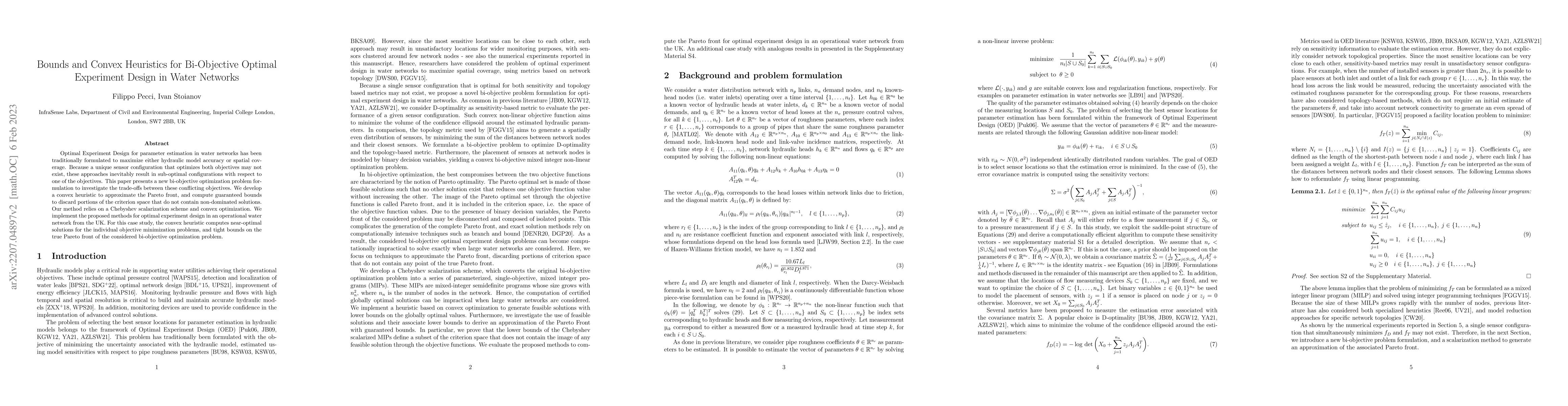 Thumbnail for Bounds and convex heuristics for bi-objective optimal experiment design
  in water networks
