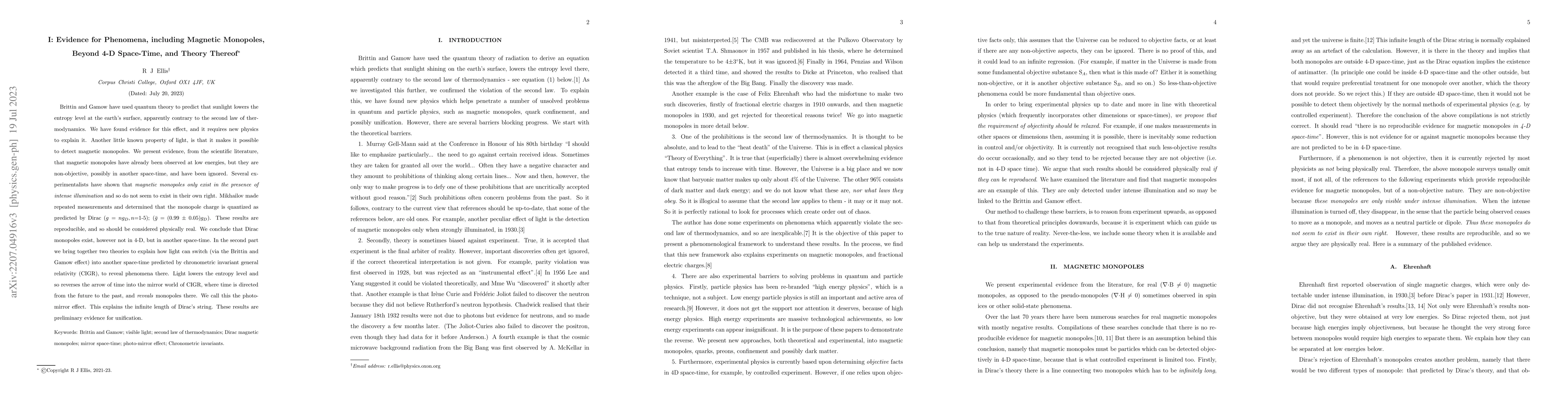 Thumbnail for I: Evidence for Phenomena, including Magnetic Monopoles, Beyond 4-D
  Space-Time and Theory Thereof