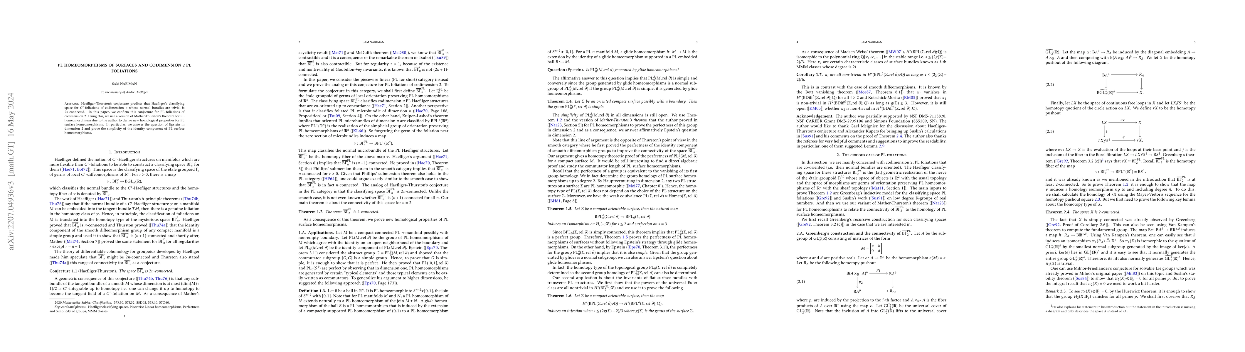 Thumbnail for PL homeomorphisms of surfaces and codimension $2$ PL foliations
