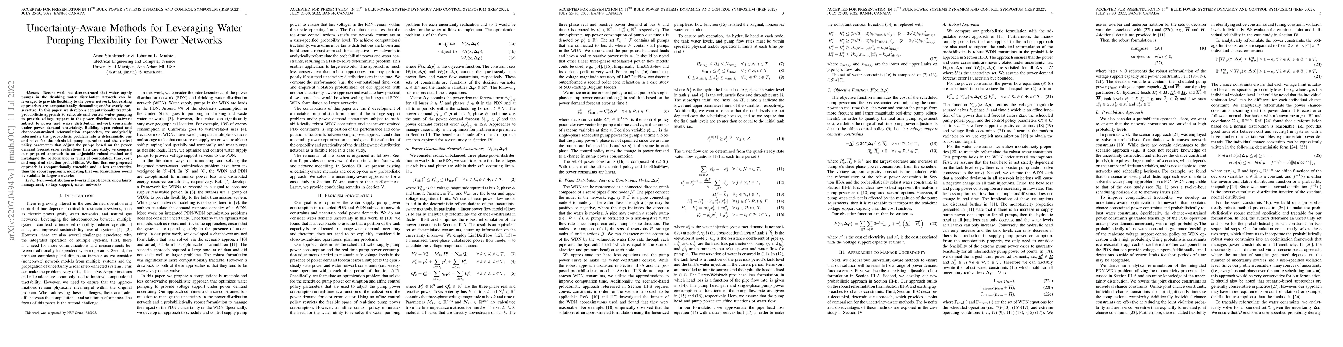 Thumbnail for Uncertainty-Aware Methods for Leveraging Water Pumping Flexibility for
  Power Networks