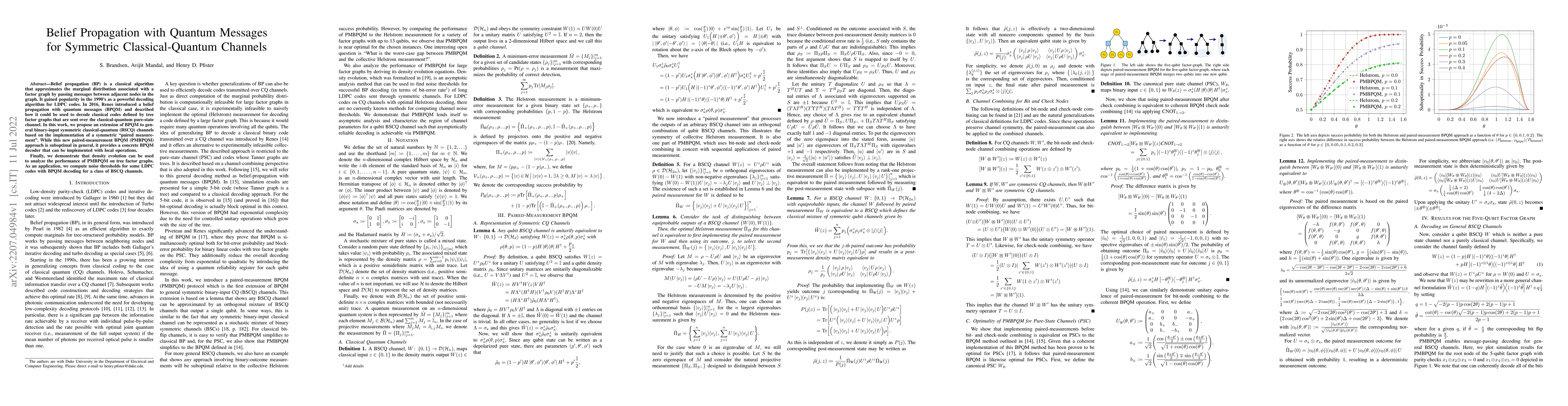 Thumbnail for Belief Propagation with Quantum Messages for Symmetric Classical-Quantum
  Channels