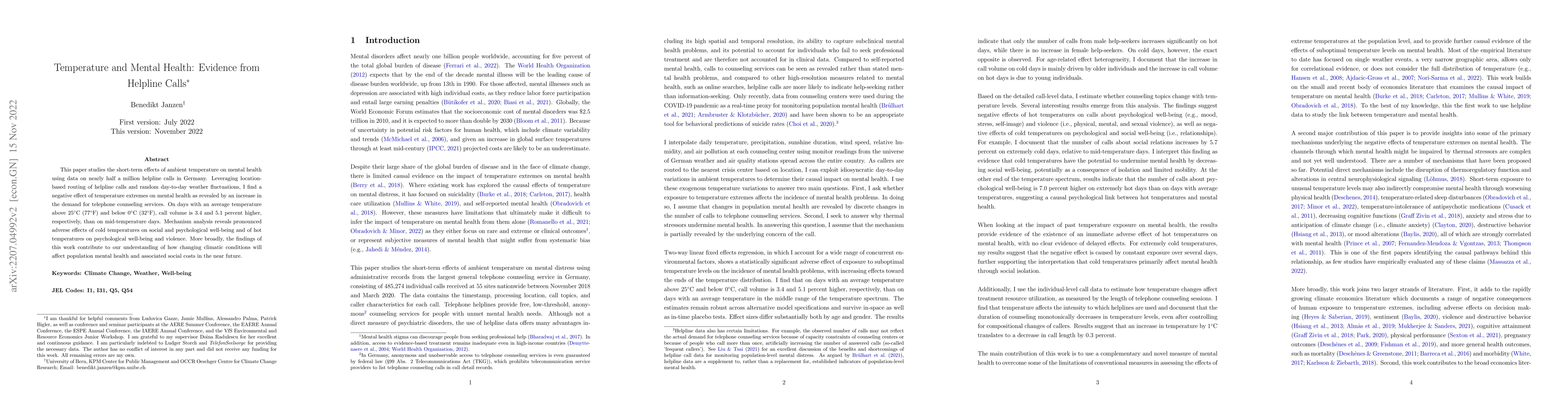 Thumbnail for Temperature and Mental Health: Evidence from Helpline Calls