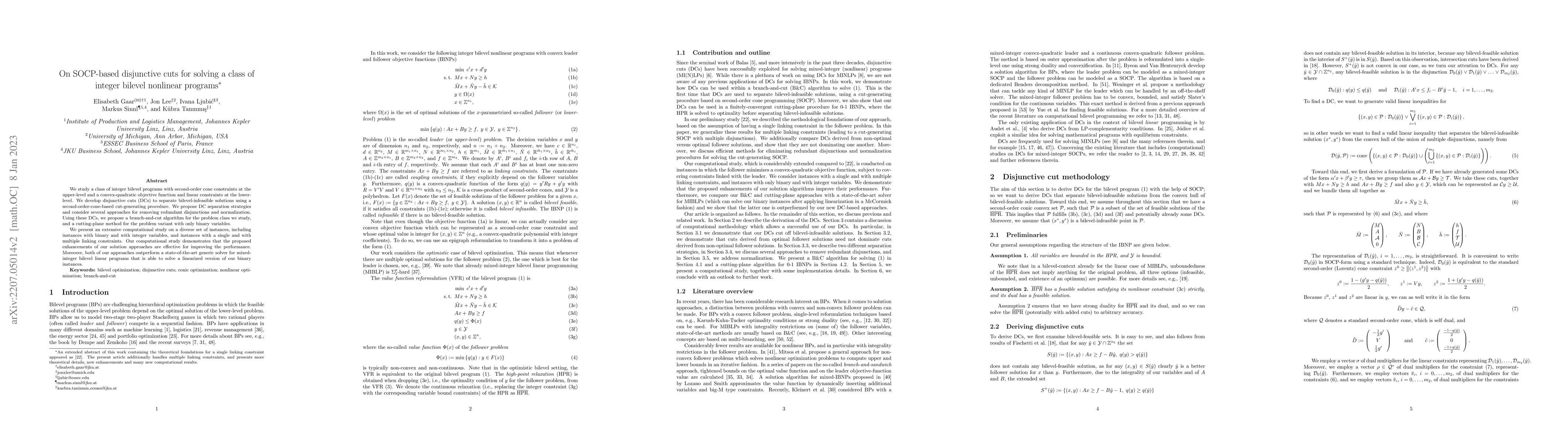 Thumbnail for On SOCP-based disjunctive cuts for solving a class of integer bilevel
  nonlinear programs