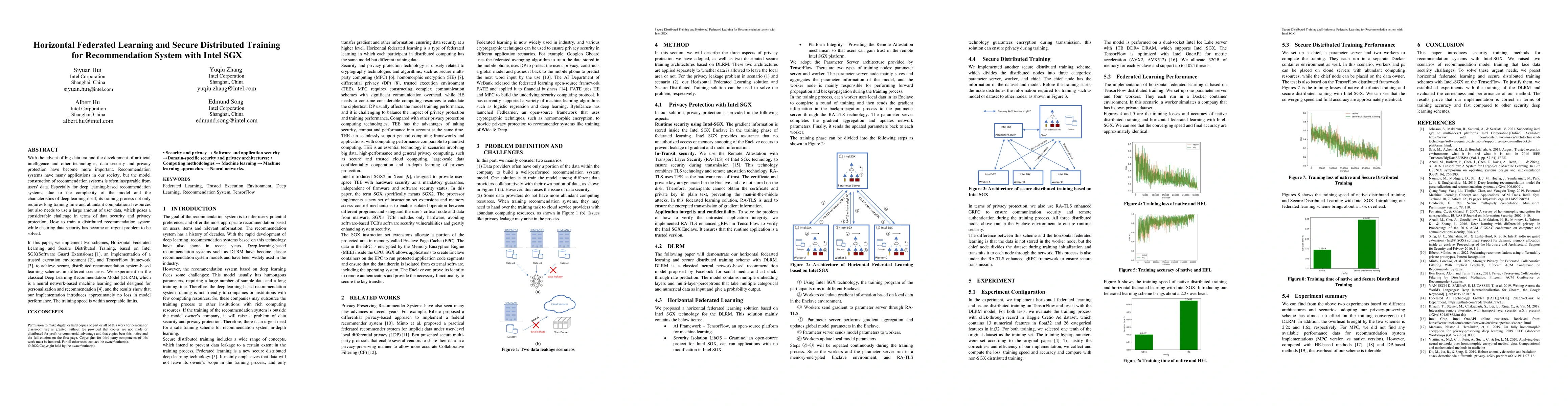 Thumbnail for Horizontal Federated Learning and Secure Distributed Training for
  Recommendation System with Intel SGX