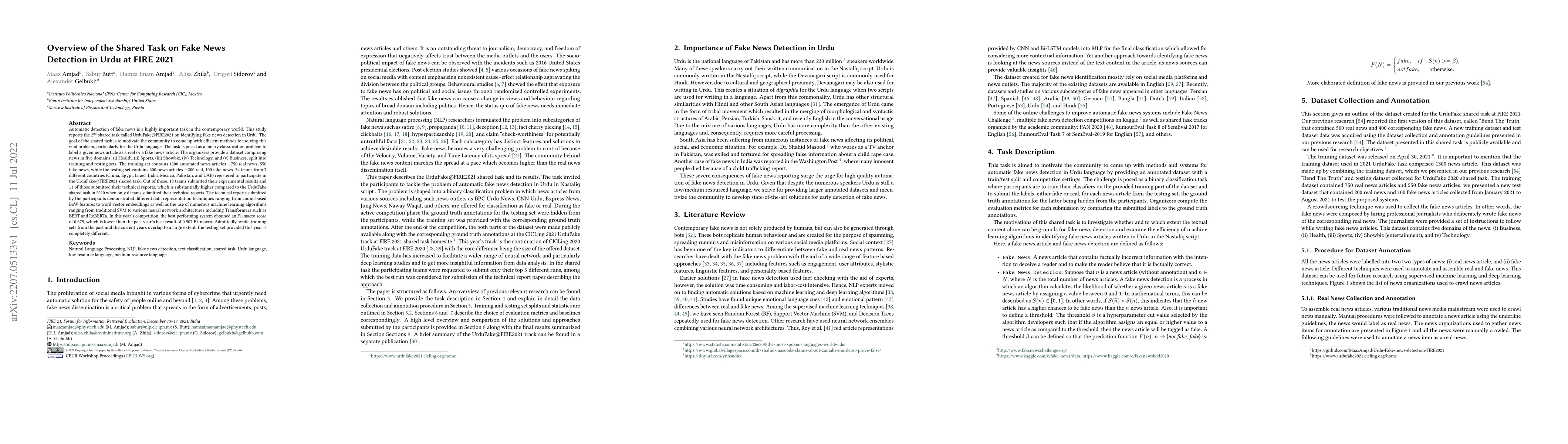Thumbnail for Overview of the Shared Task on Fake News Detection in Urdu at FIRE 2021