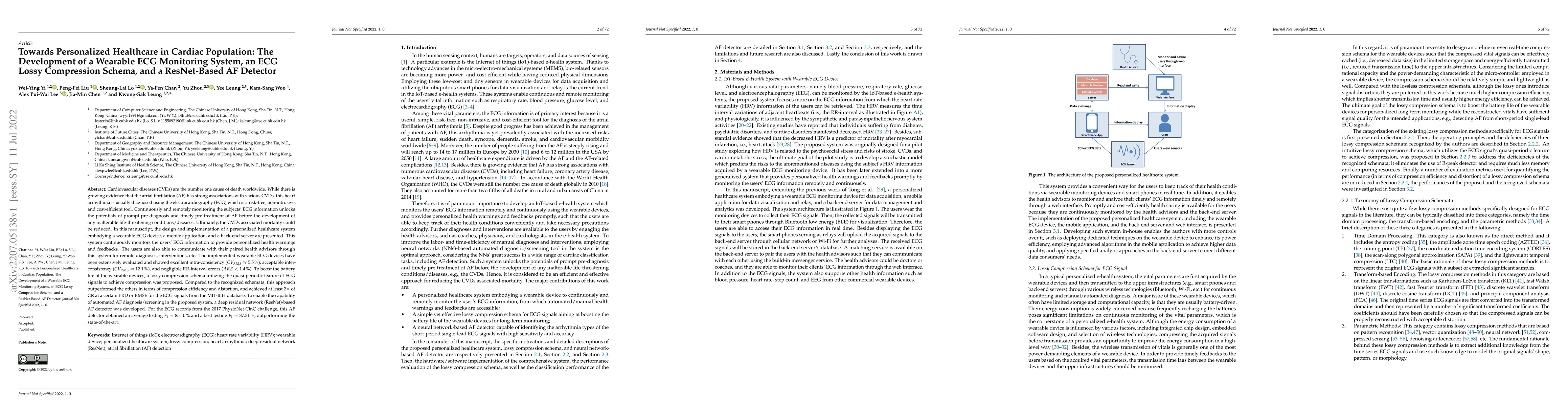 Thumbnail for Towards Personalized Healthcare in Cardiac Population: The Development
  of a Wearable ECG Monitoring System, an ECG Lossy Compression Schema, and a
  ResNet-Based AF Detector