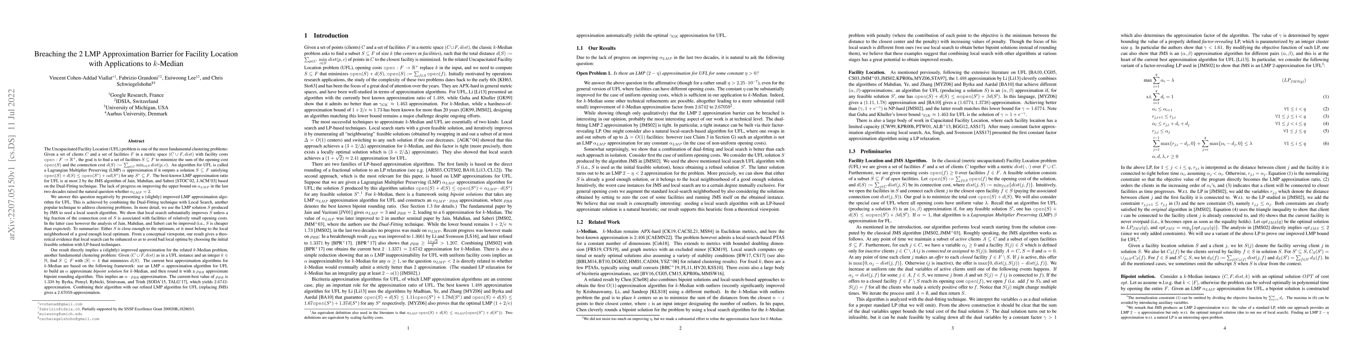 Thumbnail for Breaching the 2 LMP Approximation Barrier for Facility Location with
  Applications to k-Median