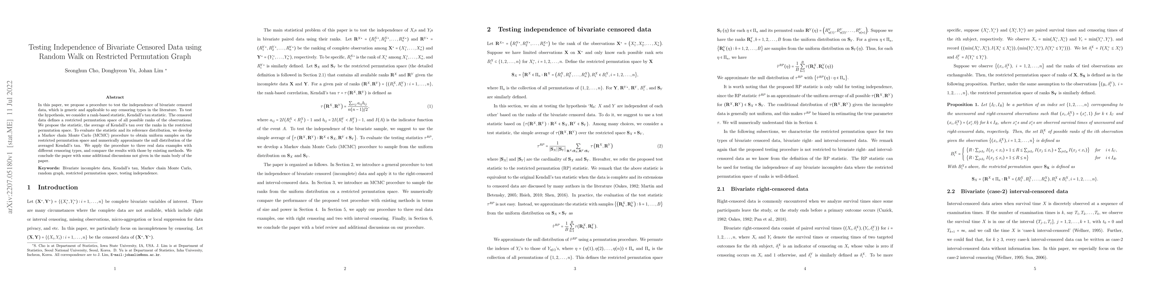 Thumbnail for Testing Independence of Bivariate Censored Data using Random Walk on
  Restricted Permutation Graph