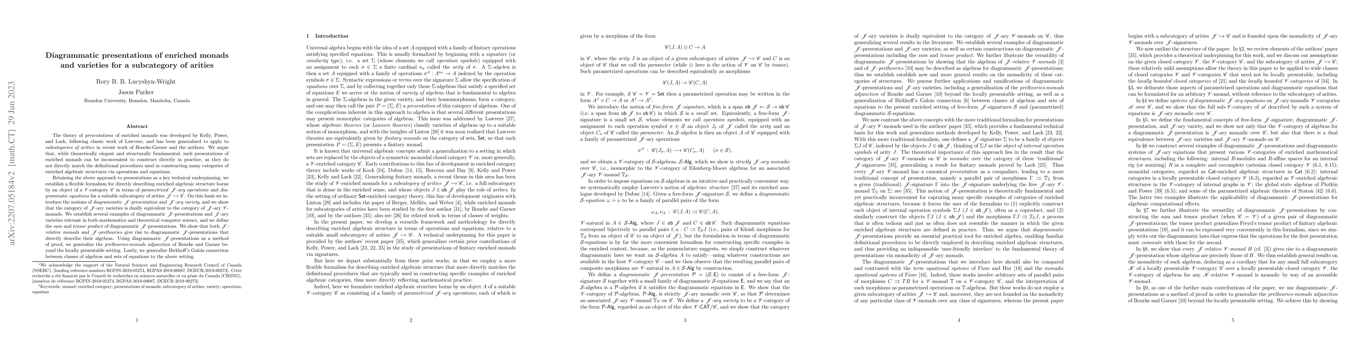 Thumbnail for Diagrammatic presentations of enriched monads and varieties for a
  subcategory of arities