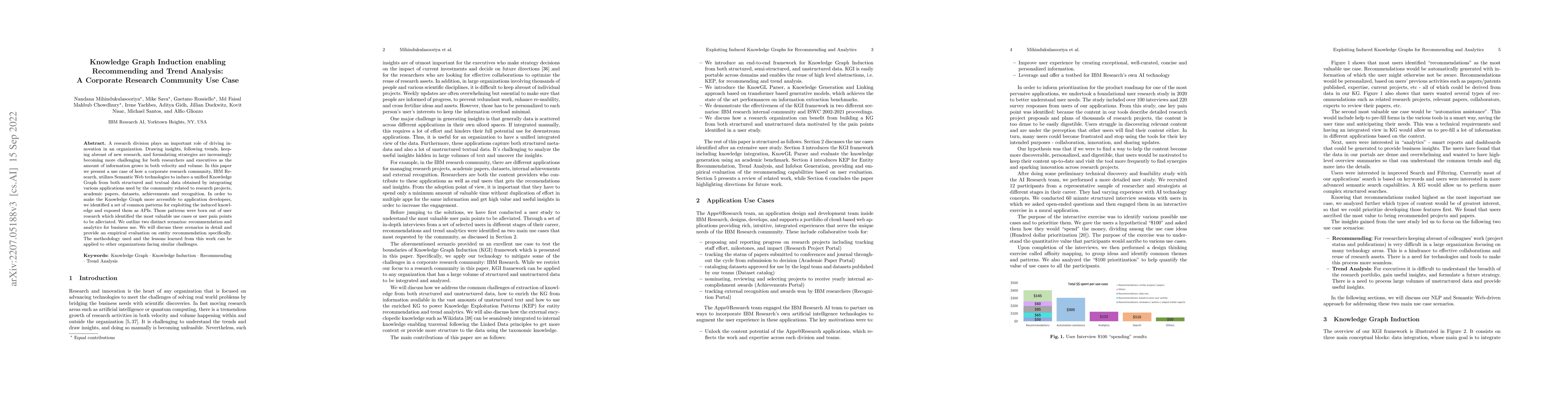 Thumbnail for Knowledge Graph Induction enabling Recommending and Trend Analysis: A
  Corporate Research Community Use Case