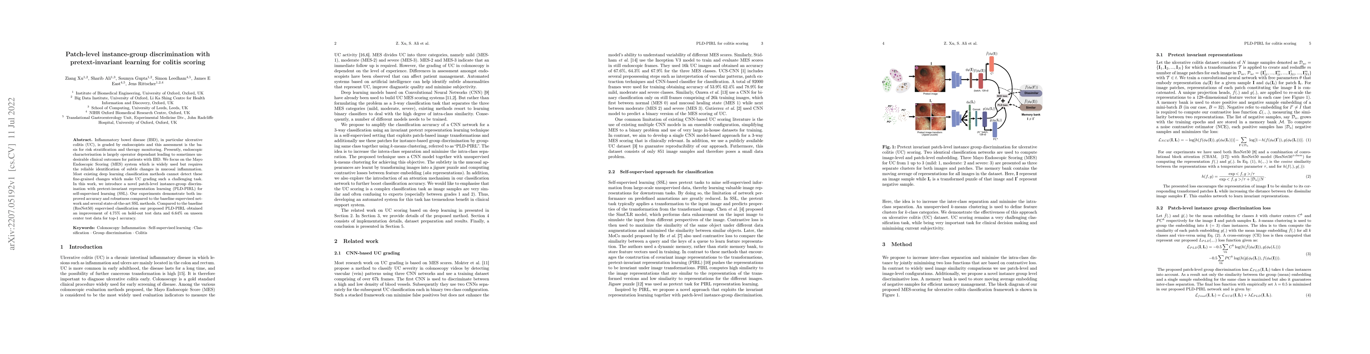 Thumbnail for Patch-level instance-group discrimination with pretext-invariant
  learning for colitis scoring