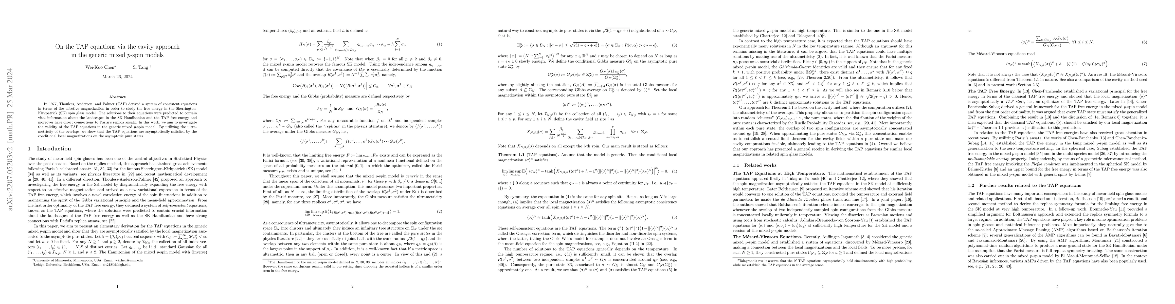 Thumbnail for On the TAP equations via the cavity approach in the generic mixed
  $p$-spin models