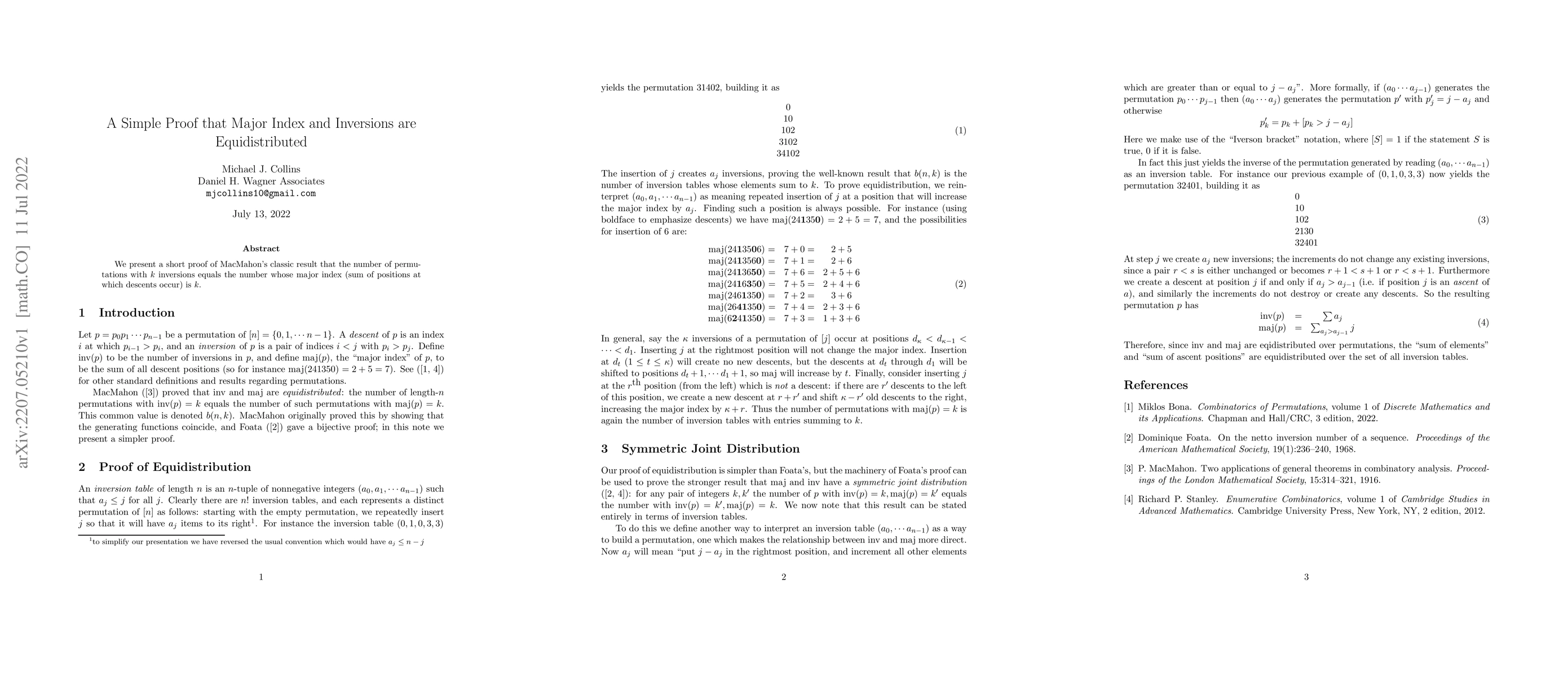 Thumbnail for A Simple Proof that Major Index and Inversions are Equidistributed