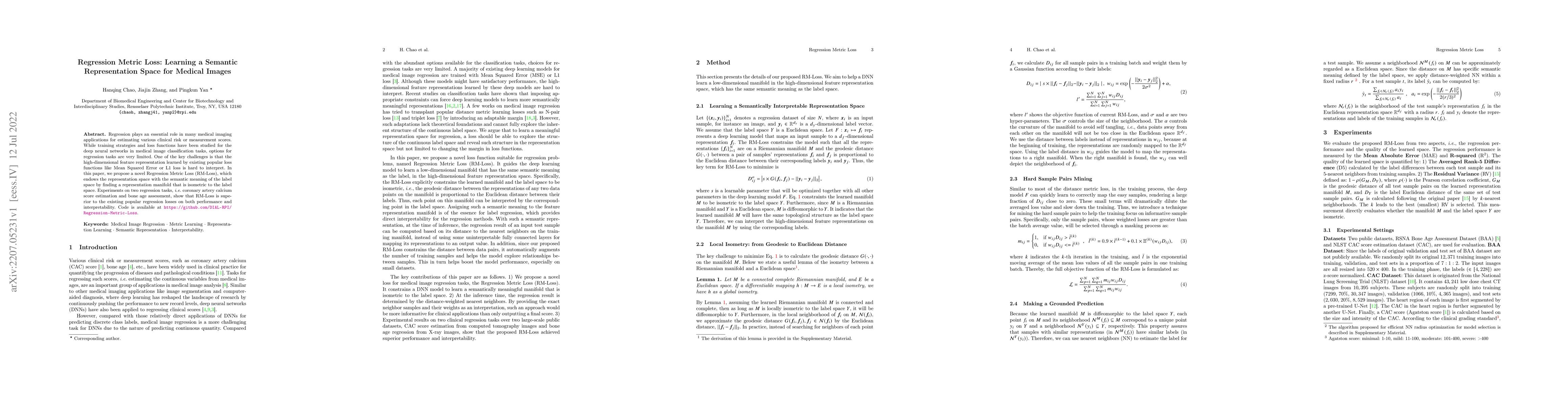 Thumbnail for Regression Metric Loss: Learning a Semantic Representation Space for
  Medical Images