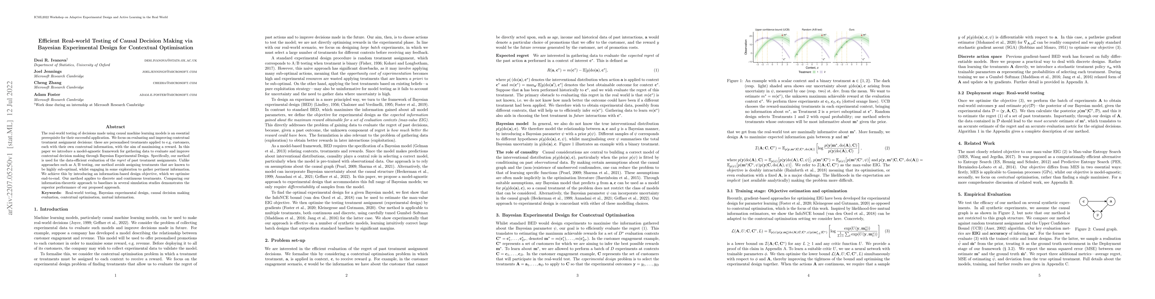 Thumbnail for Efficient Real-world Testing of Causal Decision Making via Bayesian
  Experimental Design for Contextual Optimisation