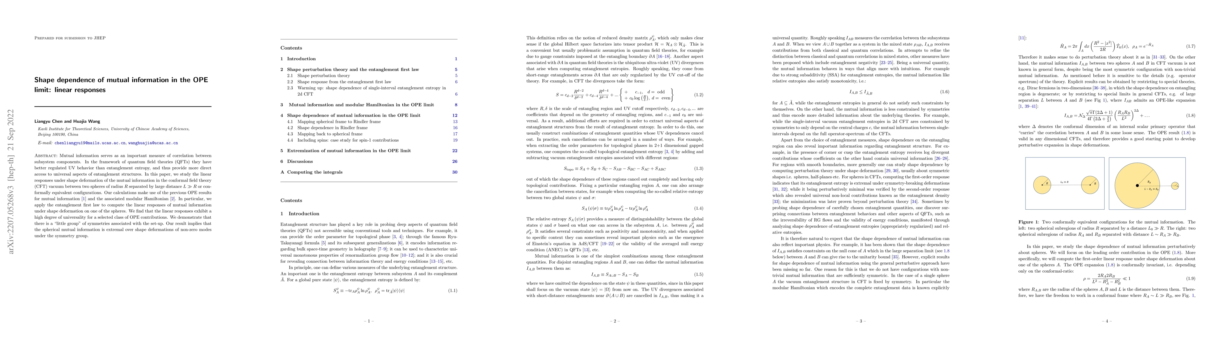 Thumbnail for Shape dependence of mutual information in the OPE limit: linear
  responses