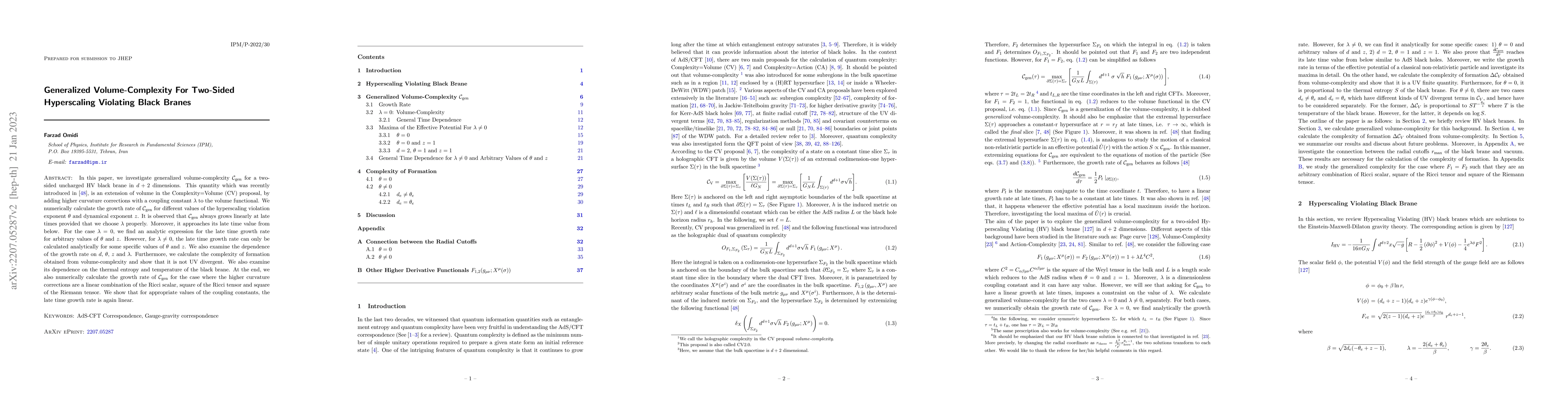 Thumbnail for Generalized Volume-Complexity For Two-Sided Hyperscaling Violating Black
  Branes