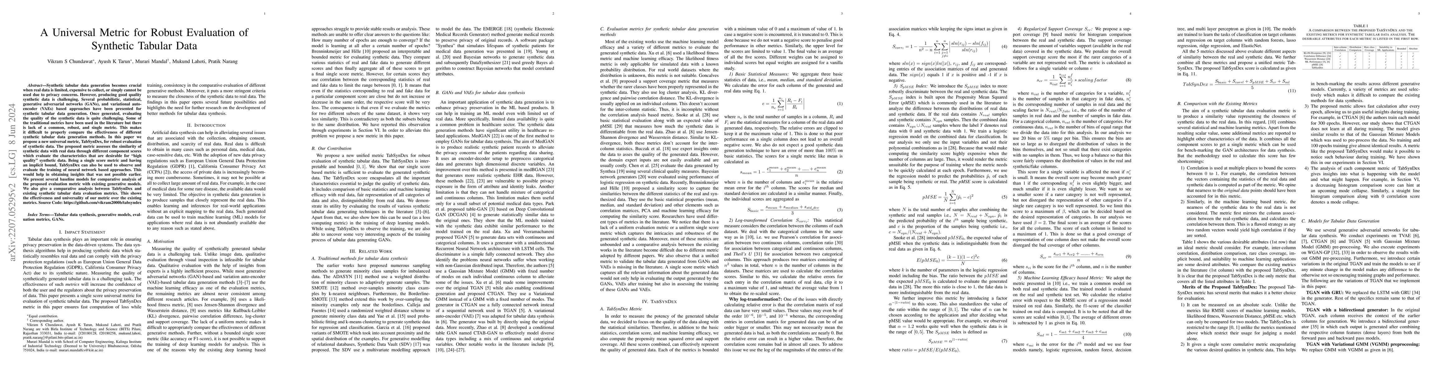 Thumbnail for TabSynDex: A Universal Metric for Robust Evaluation of Synthetic Tabular
  Data