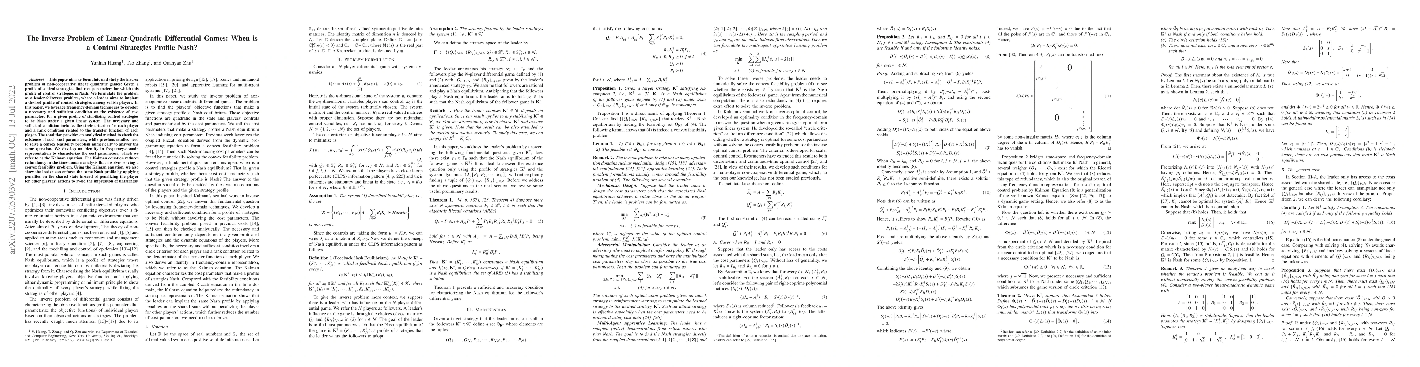 Thumbnail for The Inverse Problem of Linear-Quadratic Differential Games: When is a
  Control Strategies Profile Nash?