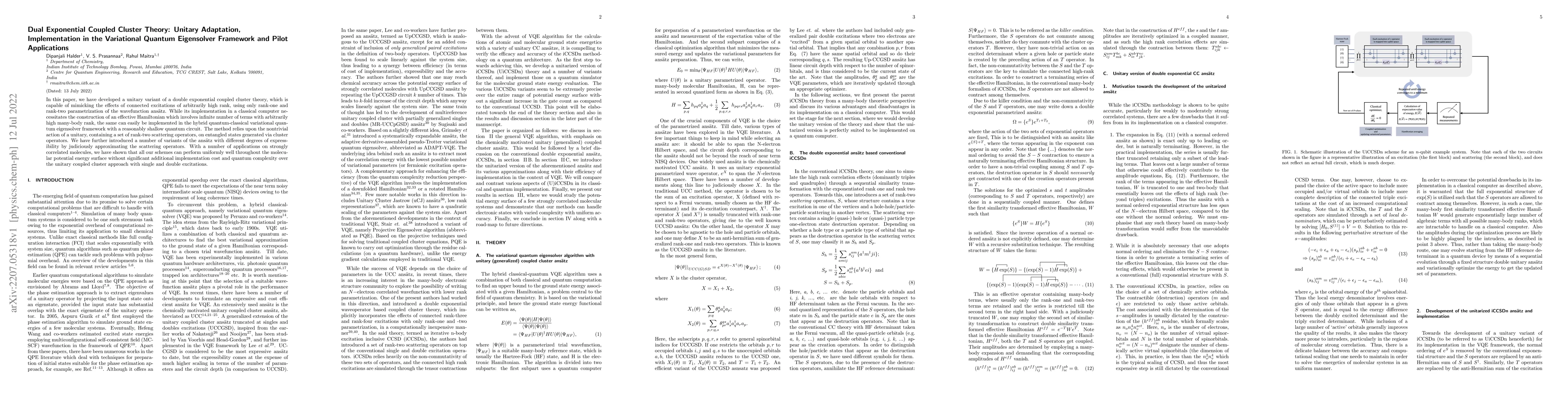 Thumbnail for Dual Exponential Coupled Cluster Theory: Unitary Adaptation,
  Implementation in the Variational Quantum Eigensolver Framework and Pilot
  Applications