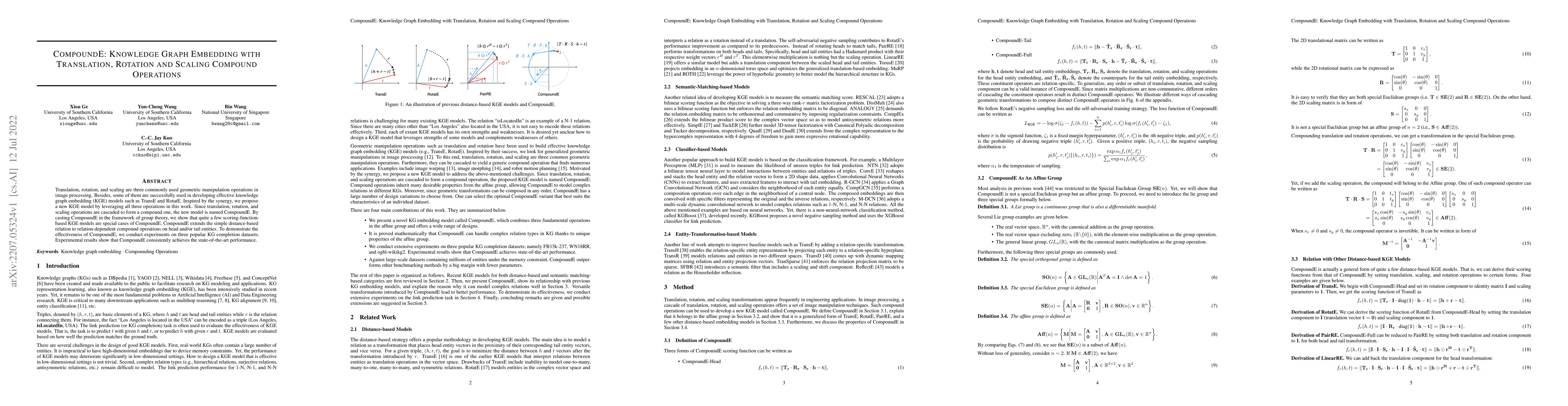 Thumbnail for CompoundE: Knowledge Graph Embedding with Translation, Rotation and
  Scaling Compound Operations