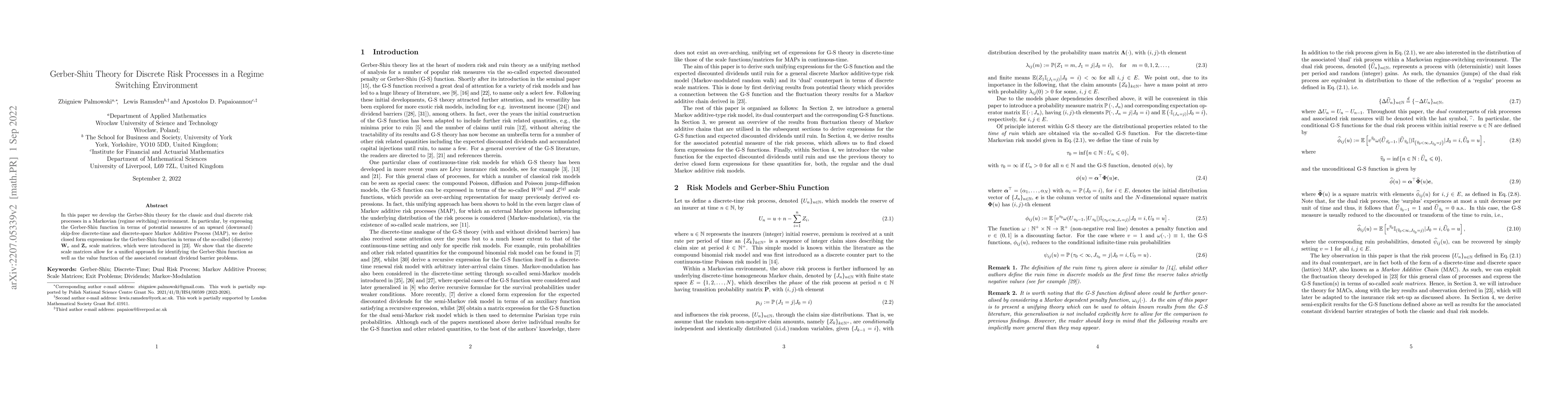Thumbnail for Gerber-Shiu Theory for Discrete Risk Processes in a Regime Switching
  Environment