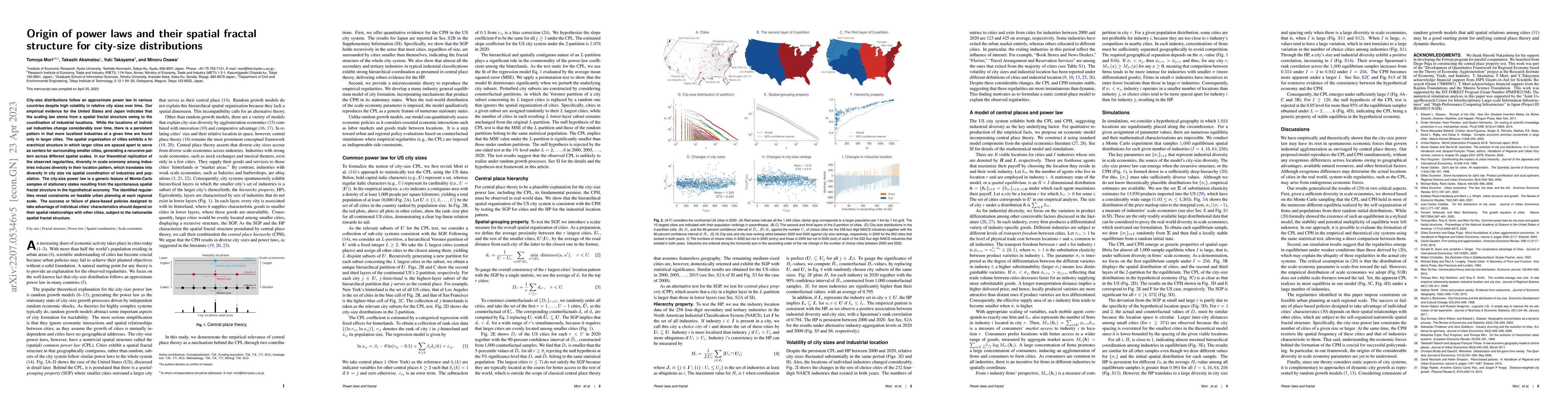 Thumbnail for Origin of power laws and their spatial fractal structure for city-size
  distributions