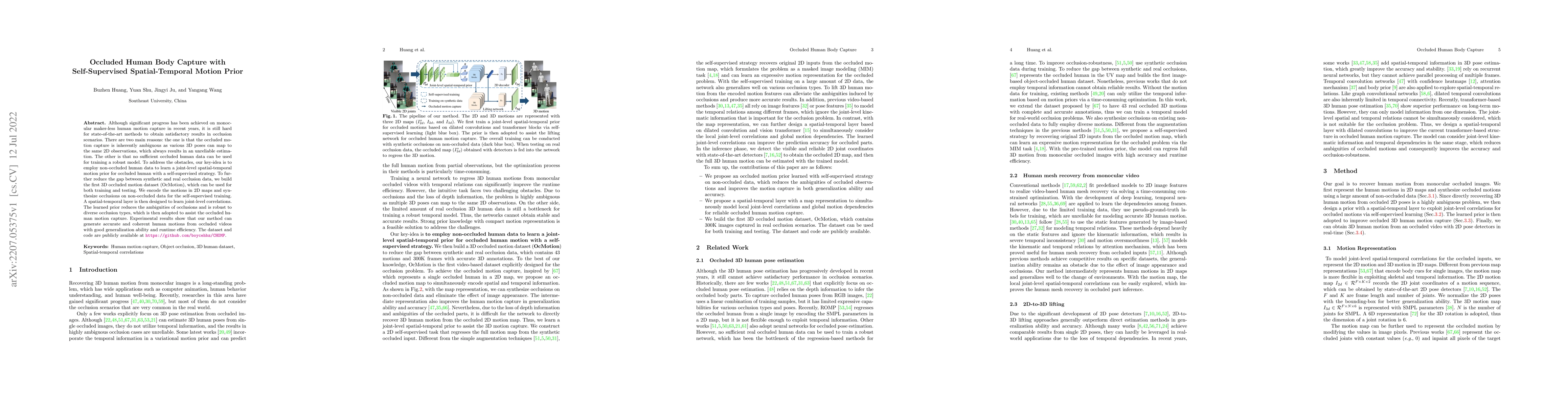 Thumbnail for Occluded Human Body Capture with Self-Supervised Spatial-Temporal Motion
  Prior