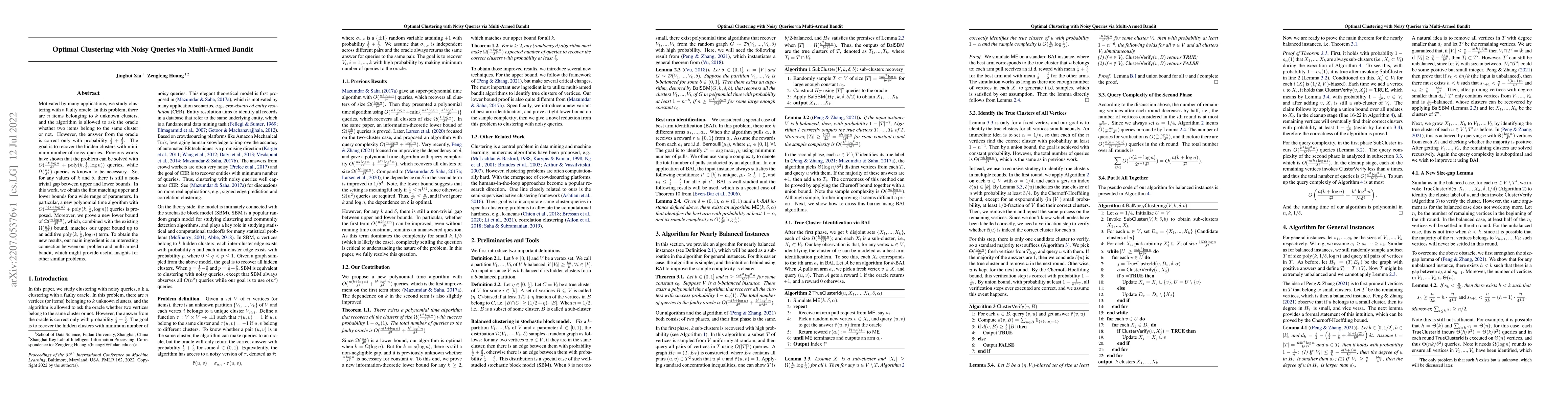 Thumbnail for Optimal Clustering with Noisy Queries via Multi-Armed Bandit