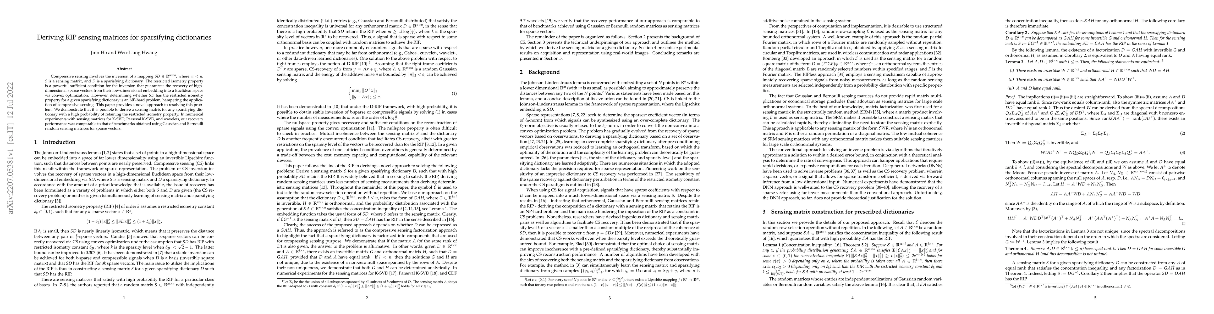 Thumbnail for Deriving RIP sensing matrices for sparsifying dictionaries