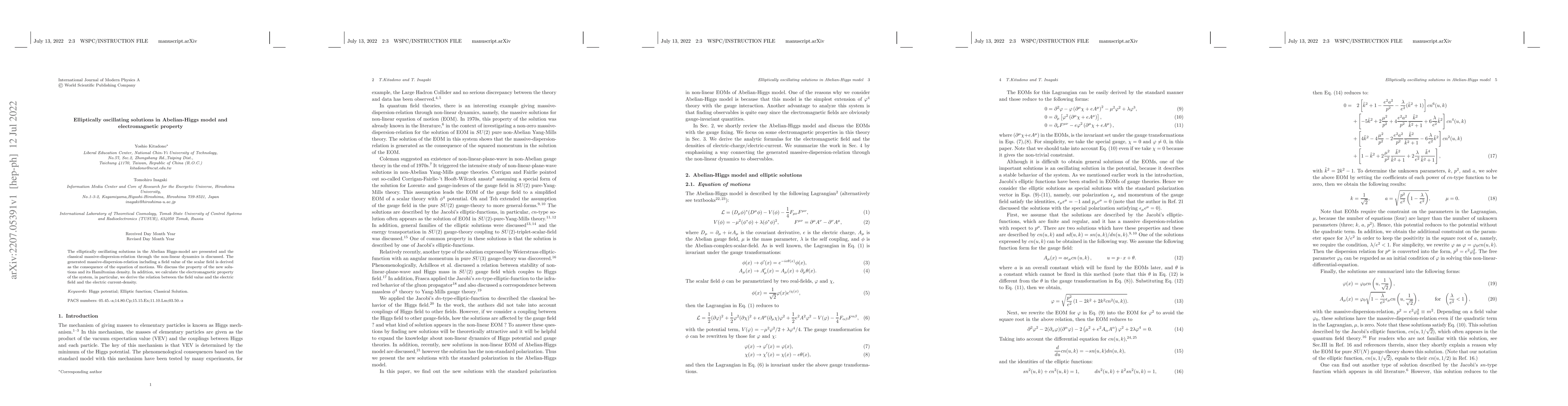 Thumbnail for Elliptically oscillating solutions in Abelian-Higgs model and
  electromagnetic property