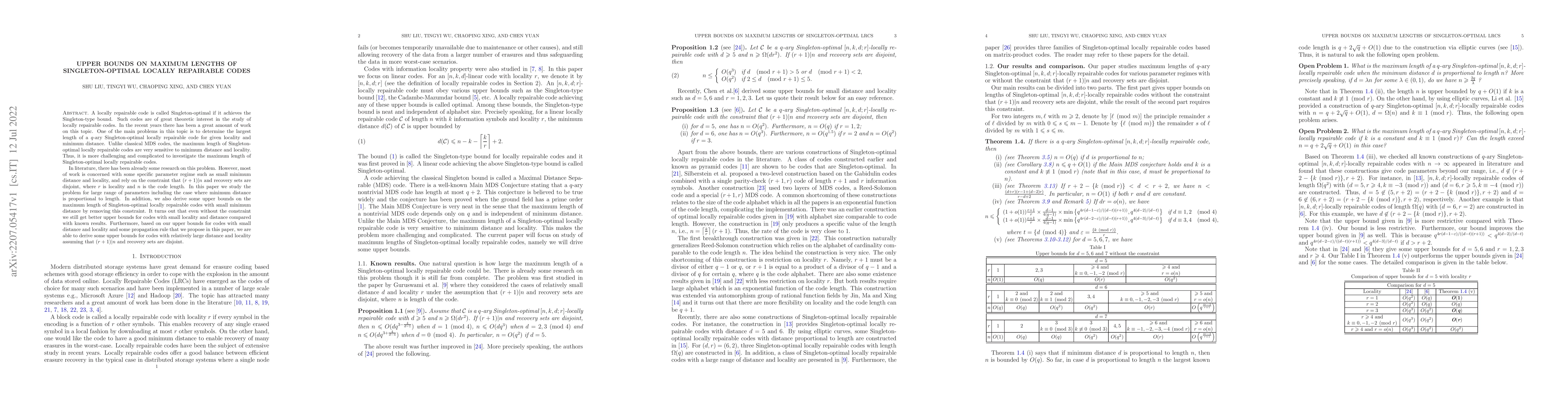 Thumbnail for Upper bounds on maximum lengths of Singleton-optimal locally repairable
  codes